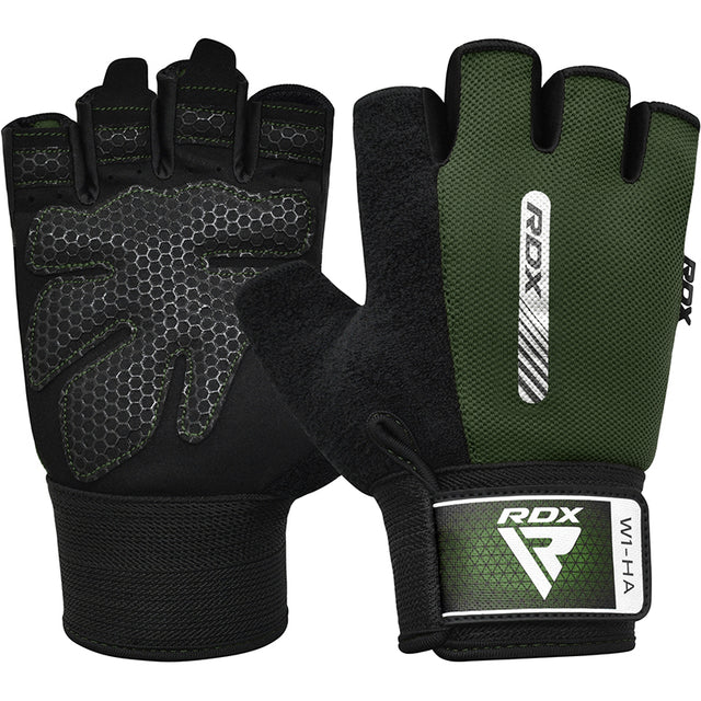 GYM WEIGHT LIFTING GLOVES W1 HALF ARMY GREEN-L - ARMY GREEN,LARGE