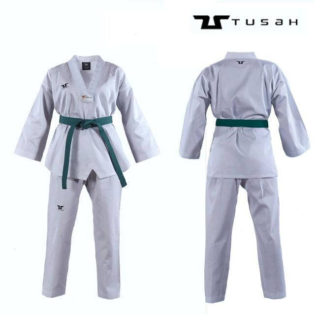 Tusah White Collar WTF Approved Uniform - Size 120cm (TTPWH)