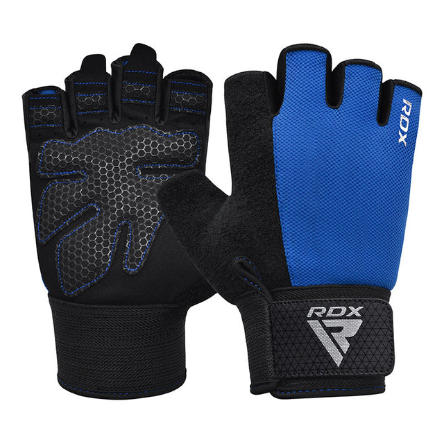 GYM WEIGHT LIFTING GLOVES W1 HALF BLUE PLUS-L - BLUE,LARGE