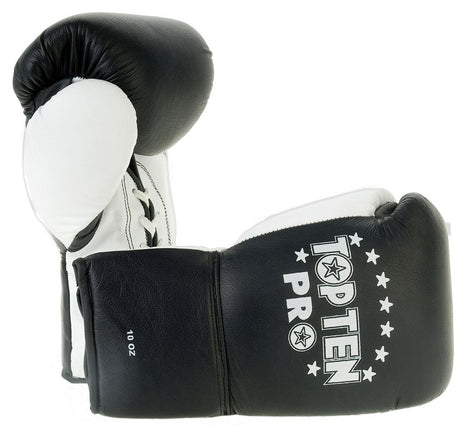 TOP TEN PRO Lace Up Gloves  BLACK/WHITE Thumb 8oz, 10oz, 12oz - 8oz - 8oz