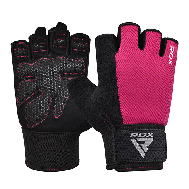 GYM WEIGHT LIFTING GLOVES W1 HALF PINK PLUS-L - PINK,LARGE